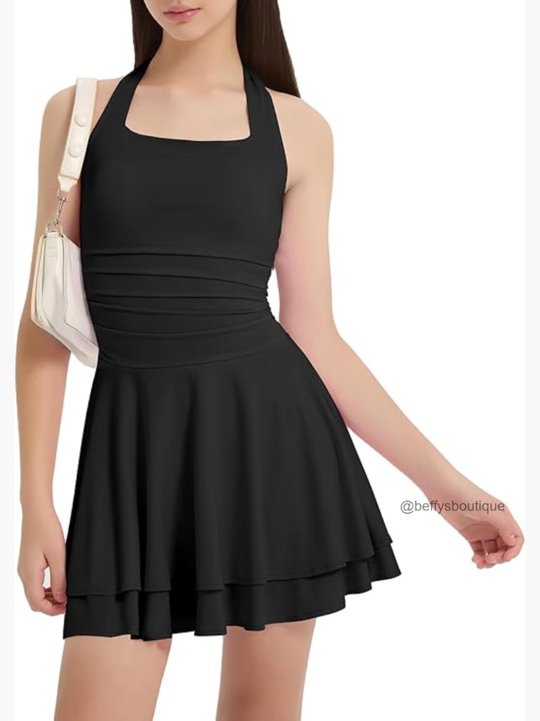 Girls Padded Halter Mini Dress, Ruffle Ruched Party Tween